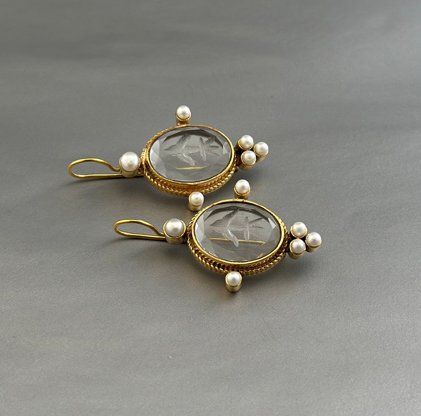 Clear Crystal Intaglio Earrings, Ancient Antique Jewelry