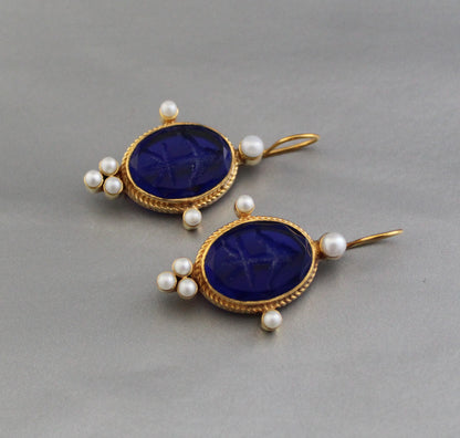 Indigo Blue Intaglio Ancient Earrings