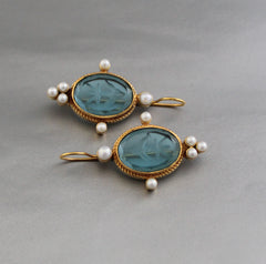 Blue Crystal Intaglio Earrings, Vintage Glass Earrings