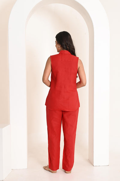 Tapered Linen Pants, Full Elastic: back view of woman in red sleeveless linen top and tapered trousers
