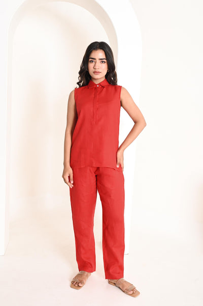 Tapered Linen Pants, Full Elastic: woman in red sleeveless linen top and tapered trousers, standing, hands on hips