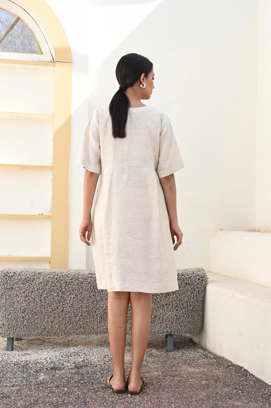 V-Neck Linen Midi Dress, Half Sleeve: back view of Natural linen half sleeve dress