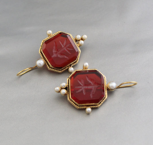 Red Intaglio Earrings, Dainty Gold Earrings