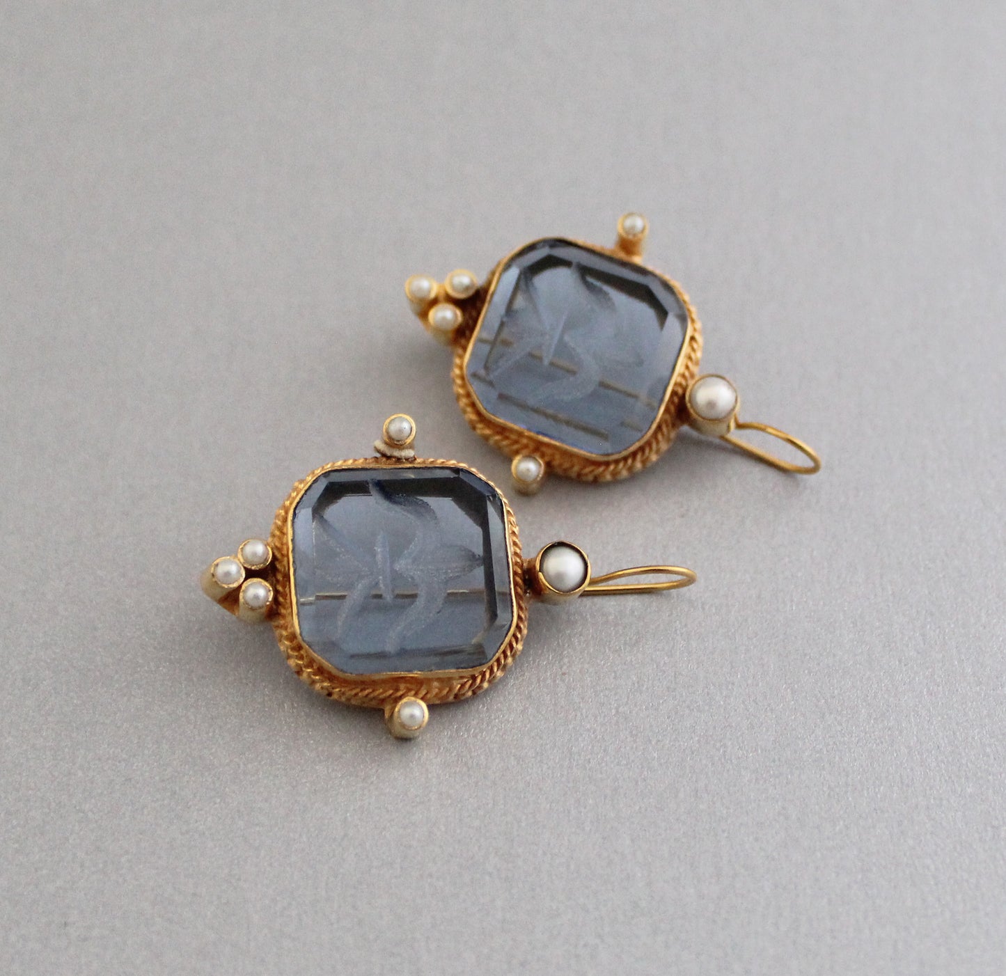 Blue Intaglio Earrings, Art Deco Jewelry