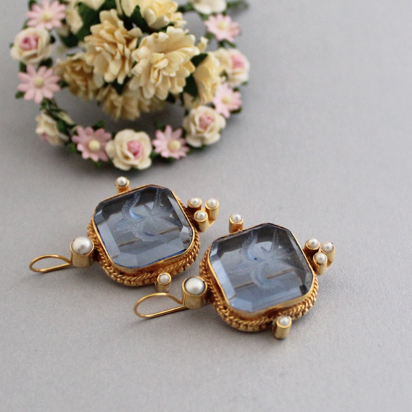 Blue Intaglio Earrings, Art Deco Jewelry