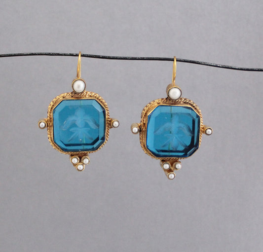 Blue Intaglio Earrings, Art Deco Jewelry