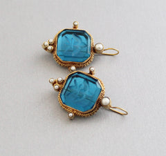 Blue Intaglio Earrings, Art Deco Jewelry