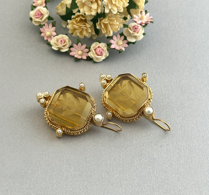 Yellow Intaglio Earrings, Art Deco Jewelry