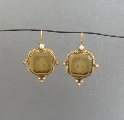 Yellow Intaglio Earrings, Art Deco Jewelry