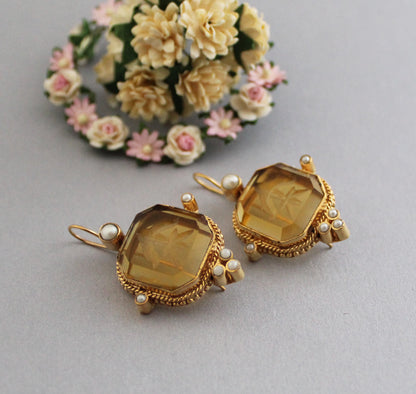 Yellow Intaglio Earrings, Art Deco Jewelry