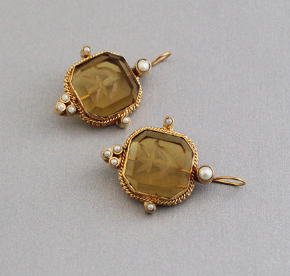 Yellow Intaglio Earrings, Art Deco Jewelry