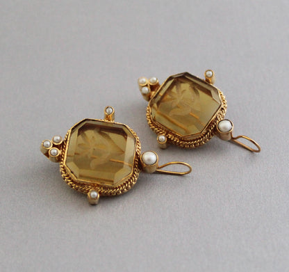 Yellow Intaglio Earrings, Art Deco Jewelry