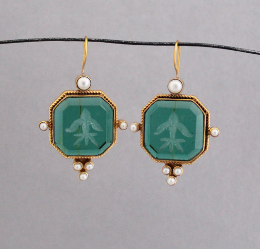 Green Intaglio Earrings, Art Deco Jewelry