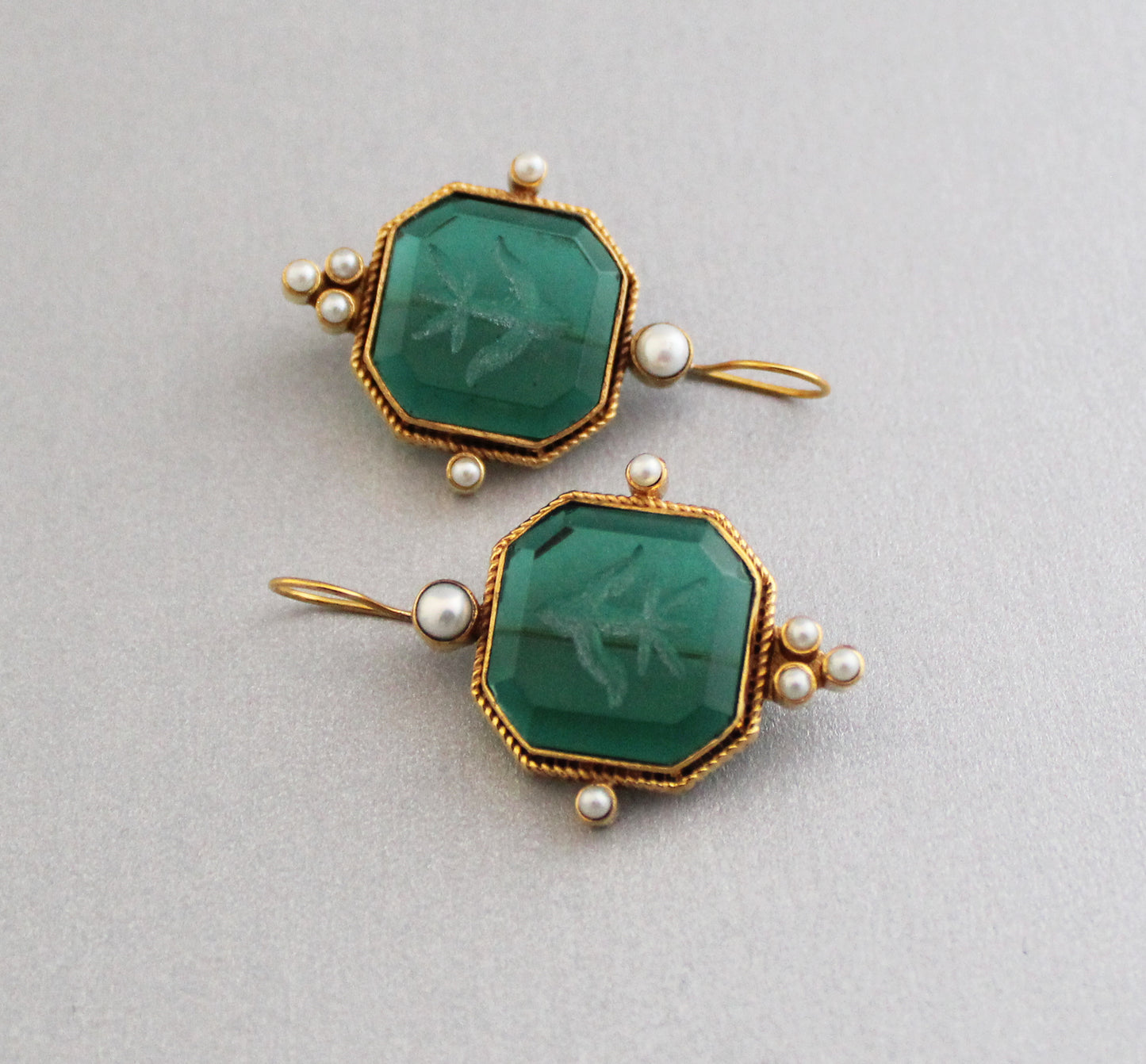 Green Intaglio Earrings, Art Deco Jewelry