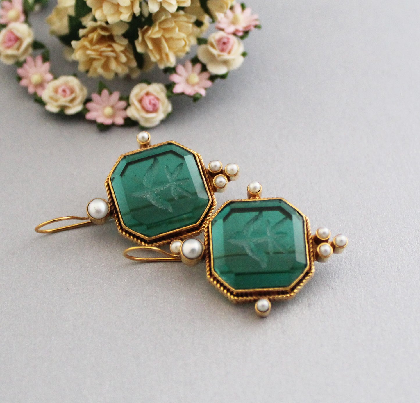 Green Intaglio Earrings, Art Deco Jewelry