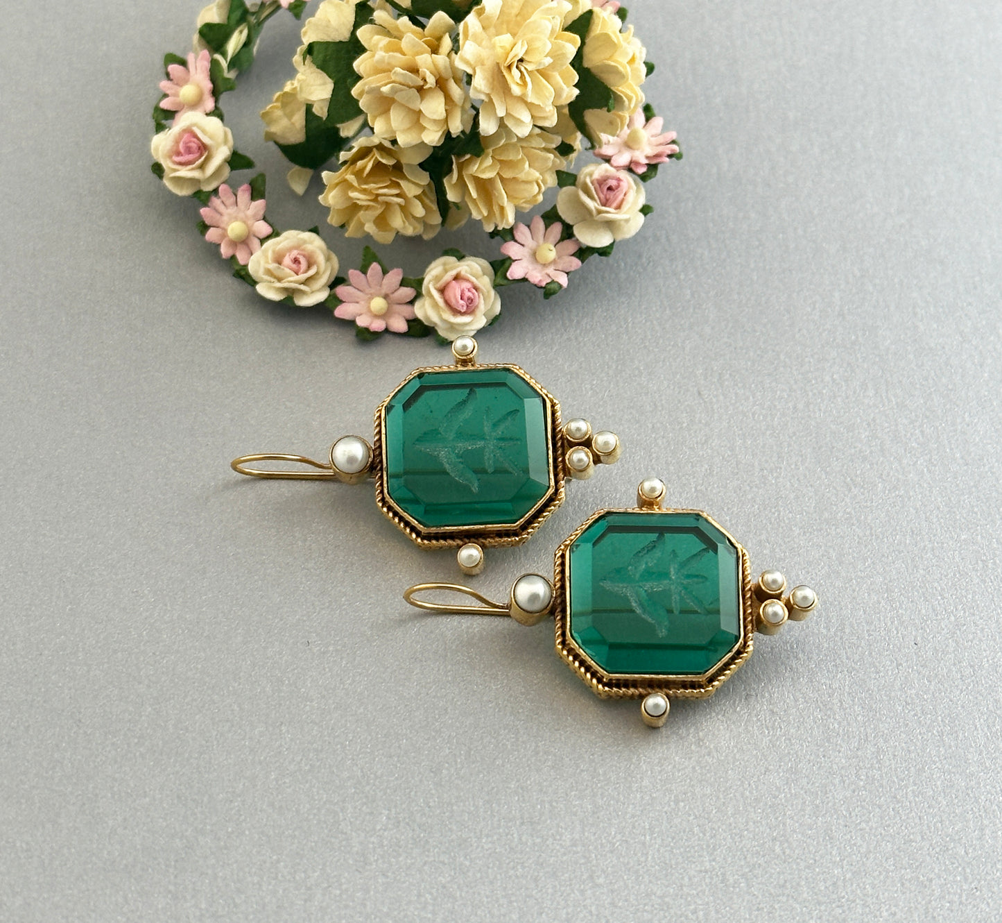 Green Intaglio Earrings, Art Deco Jewelry