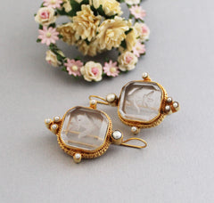 Clear Crystal Intaglio Earrings, Vintage Jewelry