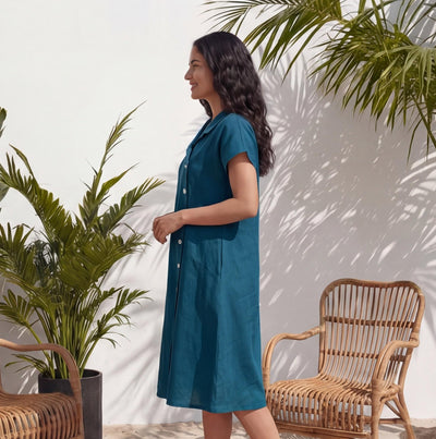 Washed Linen Shirt Dress, Long Sleeve: woman in Peacock Blue shirt dress, side view