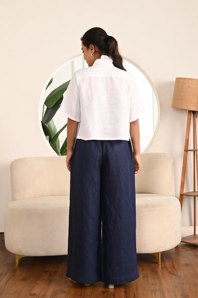 Wide Leg Linen Palazzo Pants, High Rise: back view of Navy Blue high rise palazzo pants and white shirt