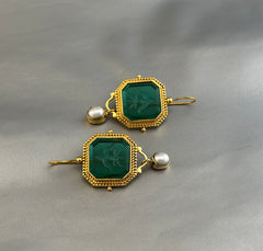 Green Intaglio Earrings, Dainty Gold Earrings