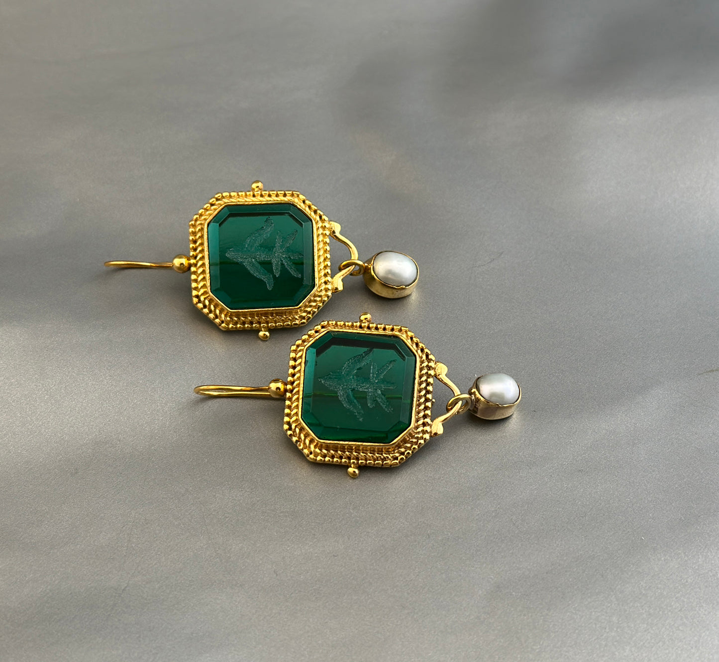 Green Intaglio Earrings, Dainty Gold Earrings
