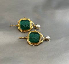 Green Intaglio Earrings, Dainty Gold Earrings