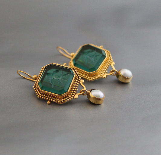 Green Intaglio Earrings, Dainty Gold Earrings