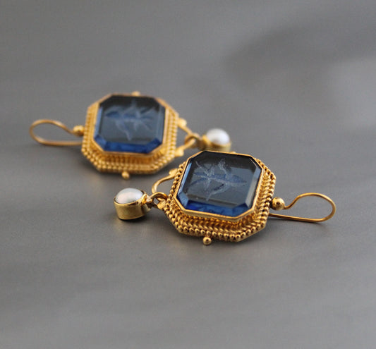 Blue Intaglio Earrings, Dainty Gold Earrings