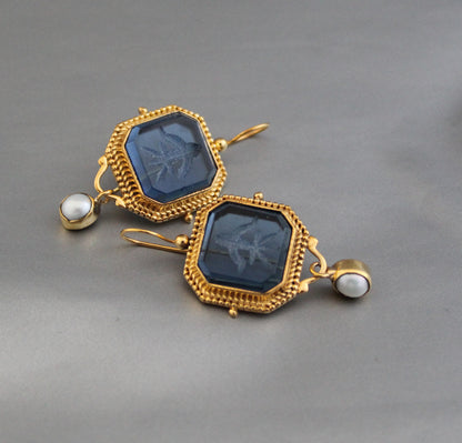 Blue Intaglio Earrings, Dainty Gold Earrings