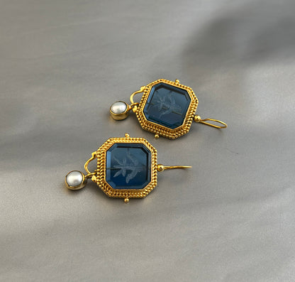 Blue Intaglio Earrings, Dainty Gold Earrings