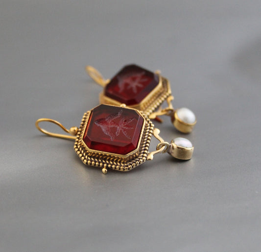 Red Intaglio Earrings, Dainty Gold Earrings