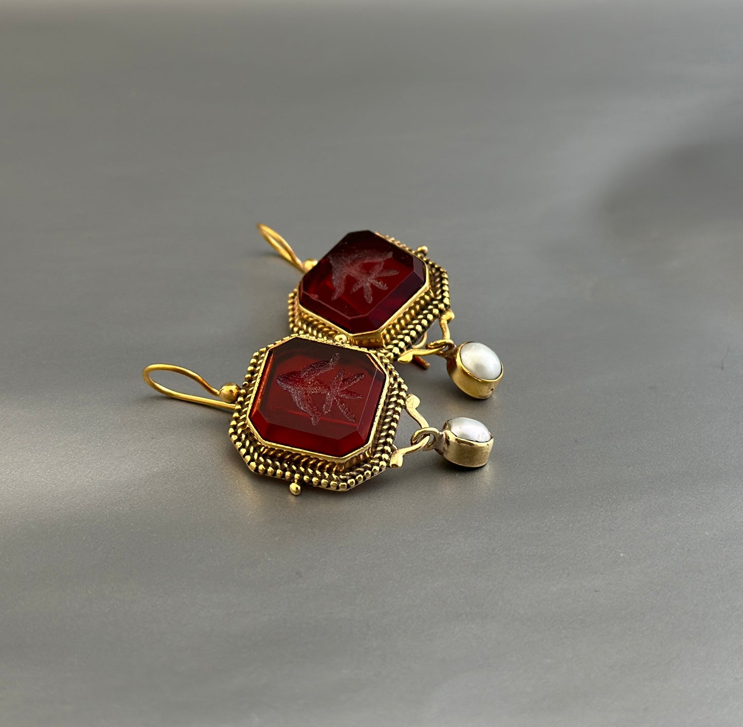 Red Intaglio Earrings, Dainty Gold Earrings