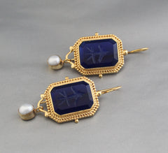 Indigo Blue Intaglio Antique vintage Jewelry, Wedding Earrings