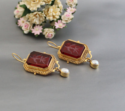 Red Intaglio Antique vintage Jewelry, Wedding Earrings