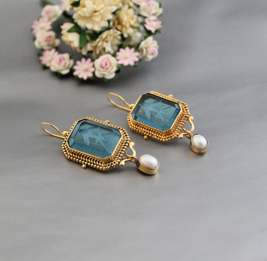 Blue Intaglio Antique vintage Jewelry, Wedding Earrings