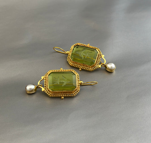 Olive Green Intaglio Antique vintage Jewelry, Wedding Earrings