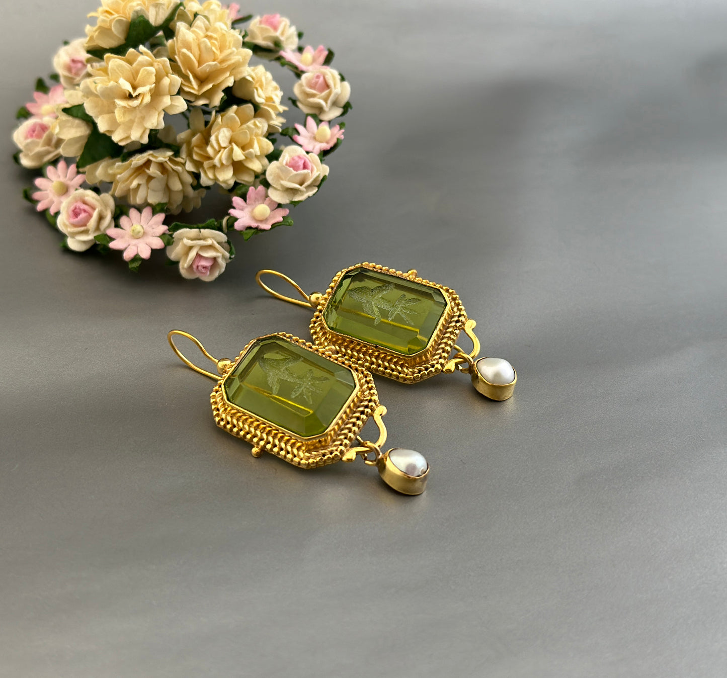 Olive Green Intaglio Antique vintage Jewelry, Wedding Earrings