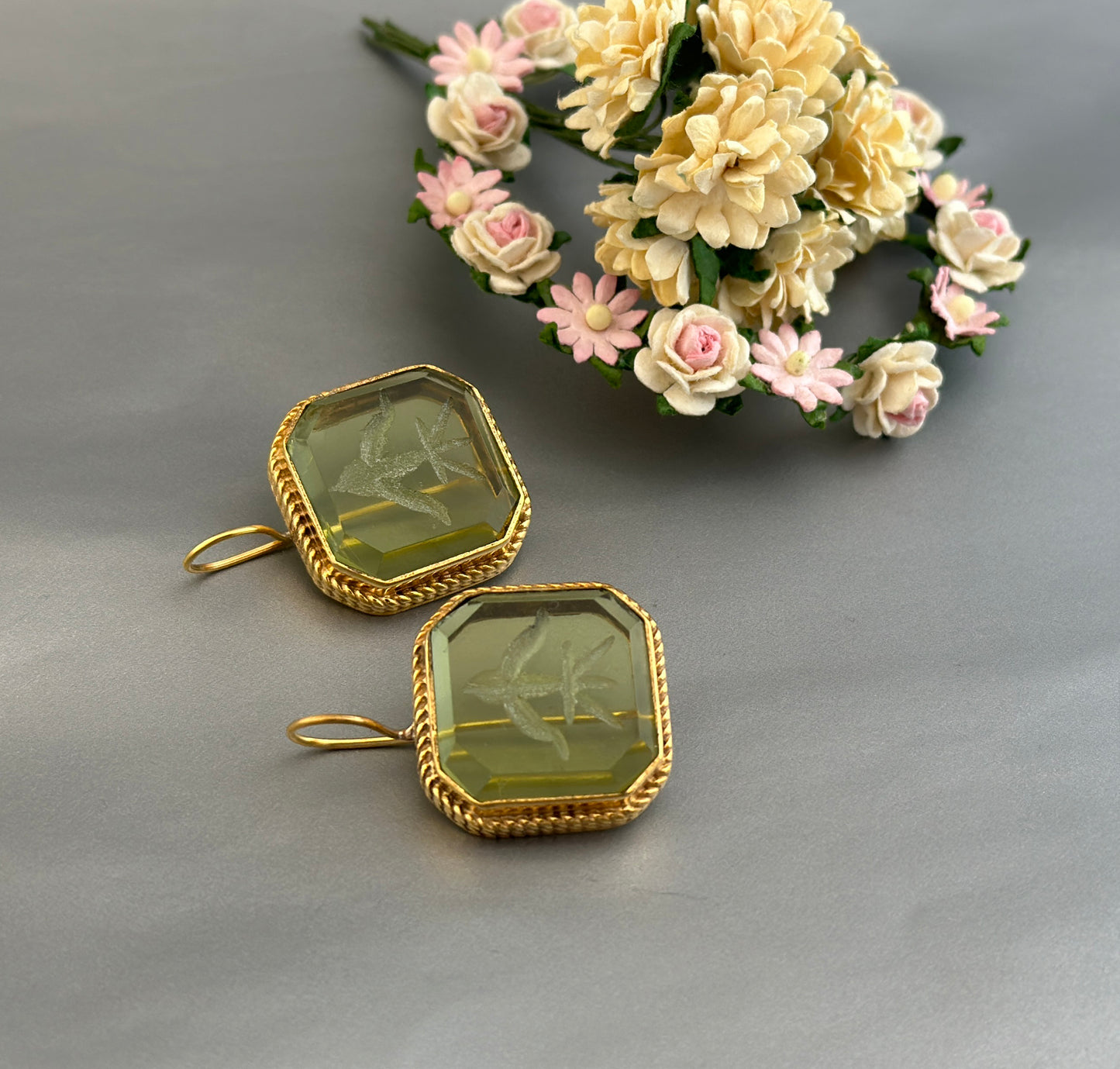 Green Intaglio Earrings, Victorian Earrings