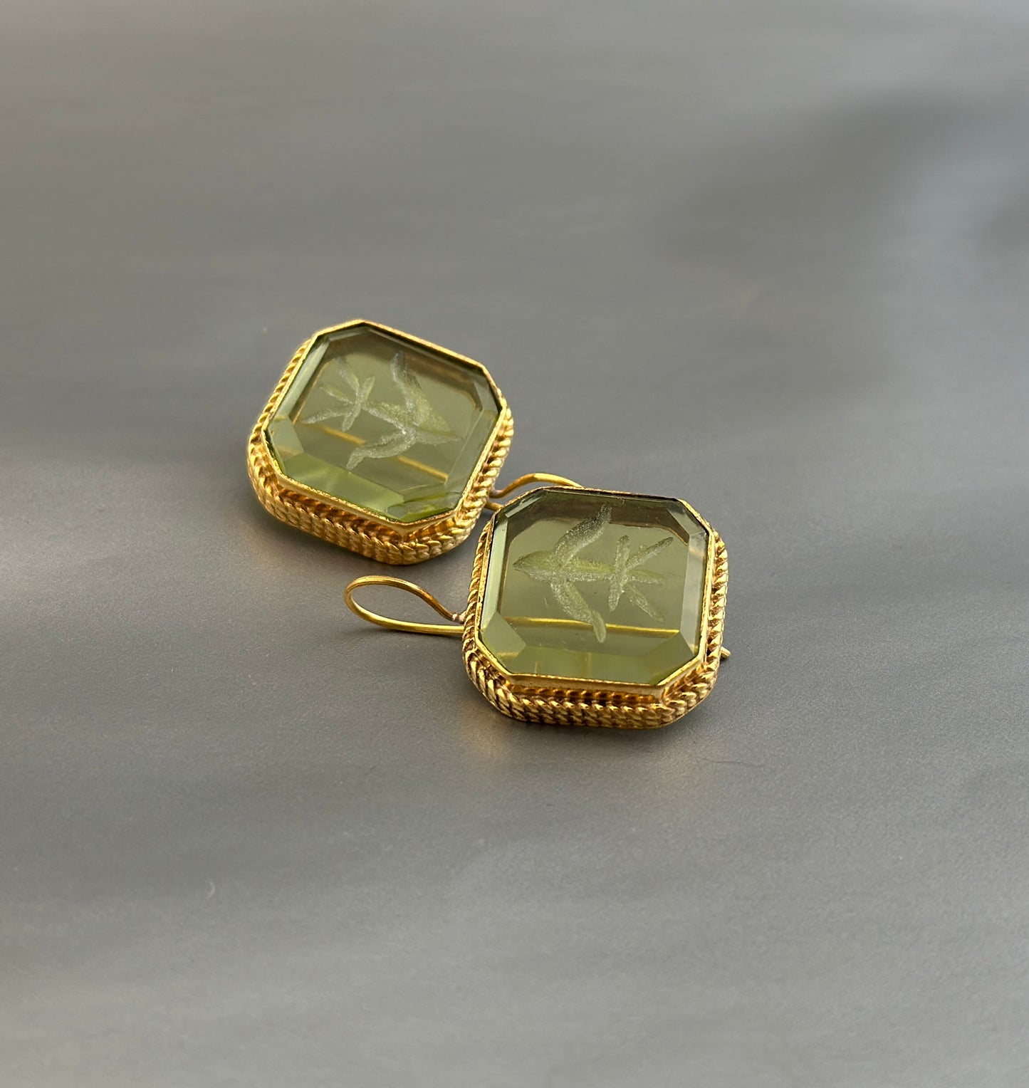 Green Intaglio Earrings, Victorian Earrings