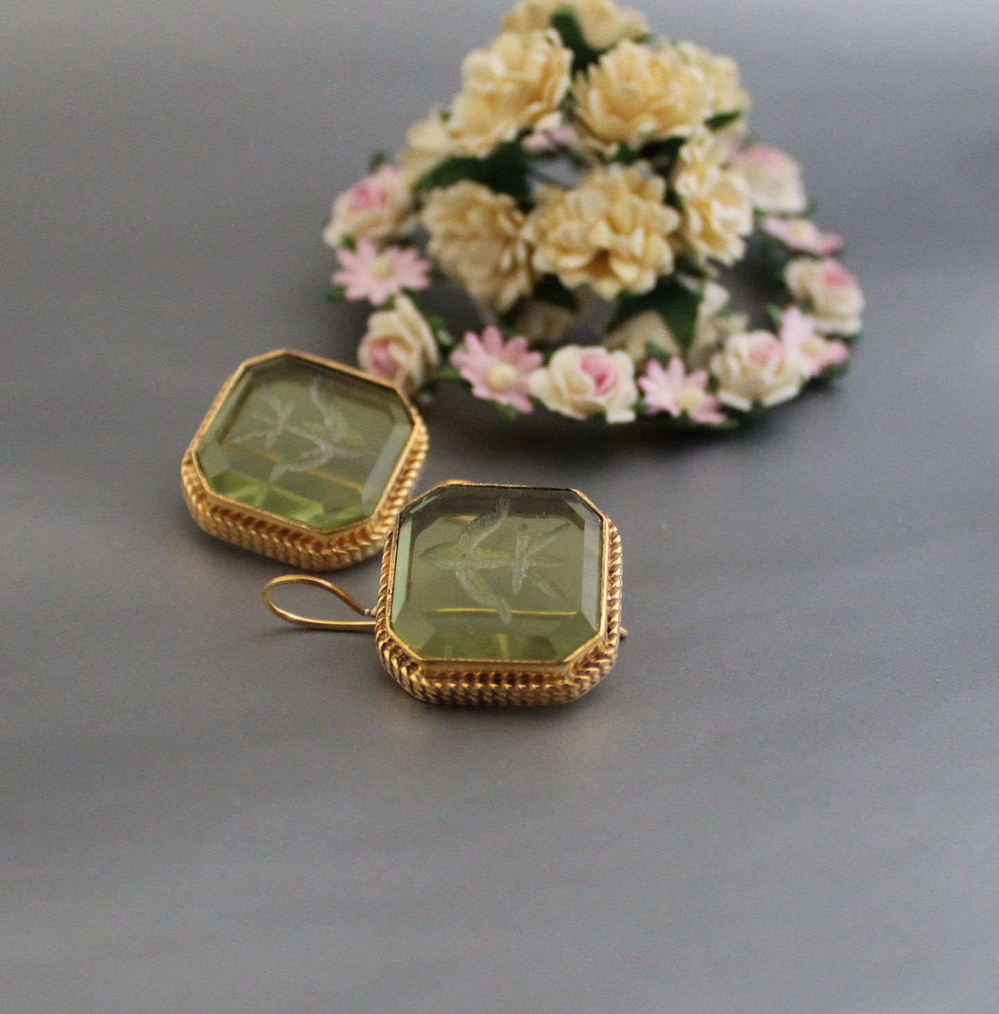 Green Intaglio Earrings, Victorian Earrings