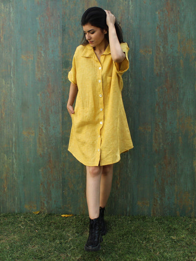 Yellow Linen Shirt Dress, Short Sleeve: woman in yellow short sleeve linen shirt dress, hand at her hair, front view