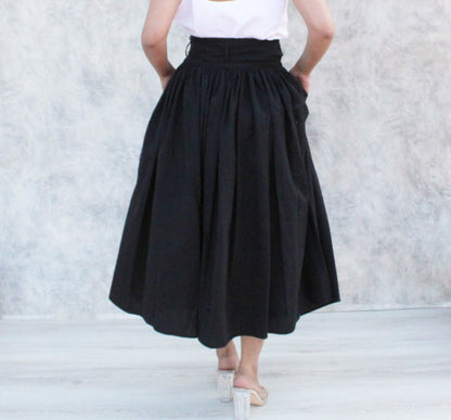 Black Casual Loose Pleated Elastic Waist Skirt