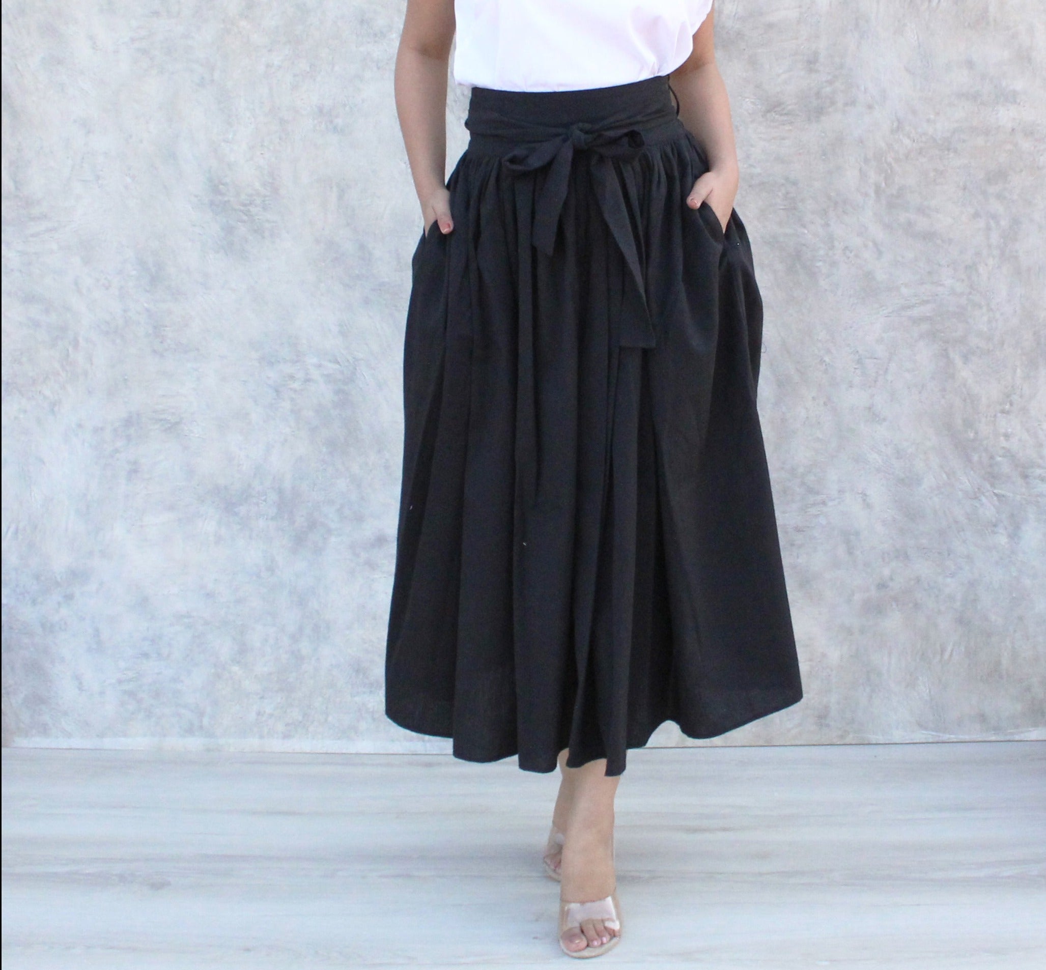 Black Casual Loose Pleated Elastic Waist Skirt