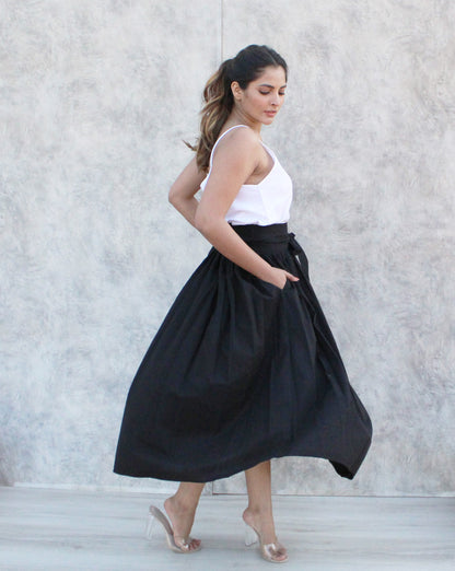 Black Casual Loose Pleated Elastic Waist Skirt