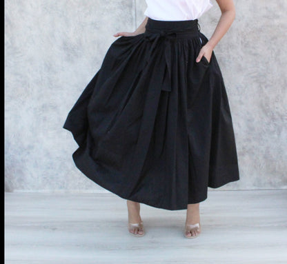 Black Casual Loose Pleated Elastic Waist Skirt