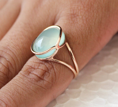 Aqua Chalcedony Ring, Rose Gold Ring, Oval ring, 925 Sterling Silver Ring, Gemstone Ring, Boho Handmade