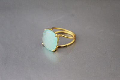 Aqua Chalcedony Ring, 14K Gold Vermeil Jewelry, Blue Stone Ring, Minimalist Ring, Rings for Women, March Birthstone, Briolette Cushion Ring