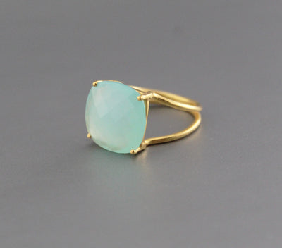 Aqua Chalcedony Ring, 14K Gold Vermeil Jewelry, Blue Stone Ring, Minimalist Ring, Rings for Women, March Birthstone, Briolette Cushion Ring
