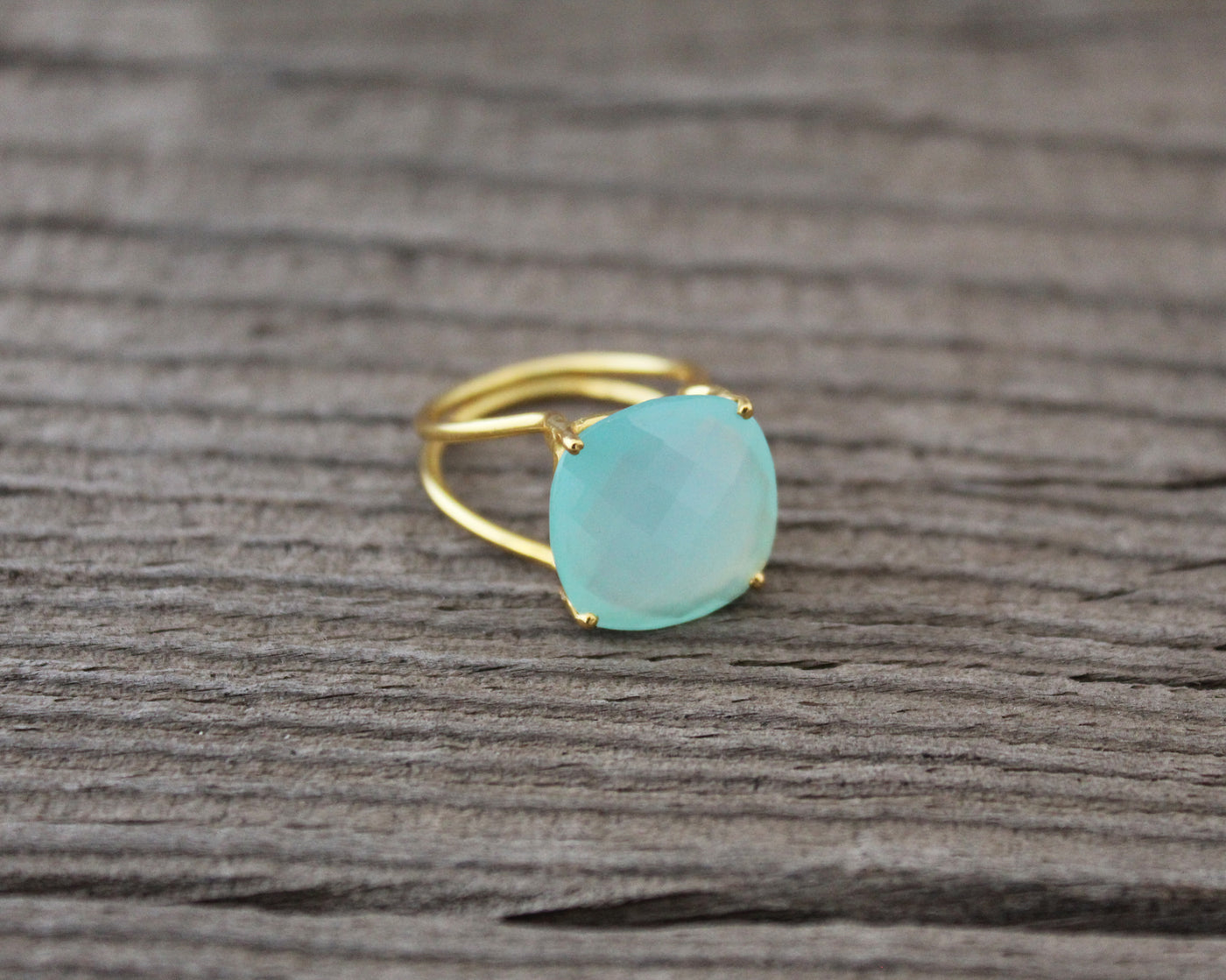 Aqua Chalcedony Ring, 14K Gold Vermeil Jewelry, Blue Stone Ring, Minimalist Ring, Rings for Women, March Birthstone, Briolette Cushion Ring
