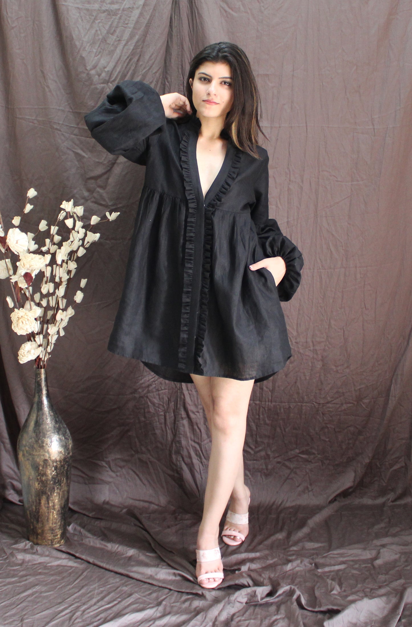 Black Linen Tunic with Pockets